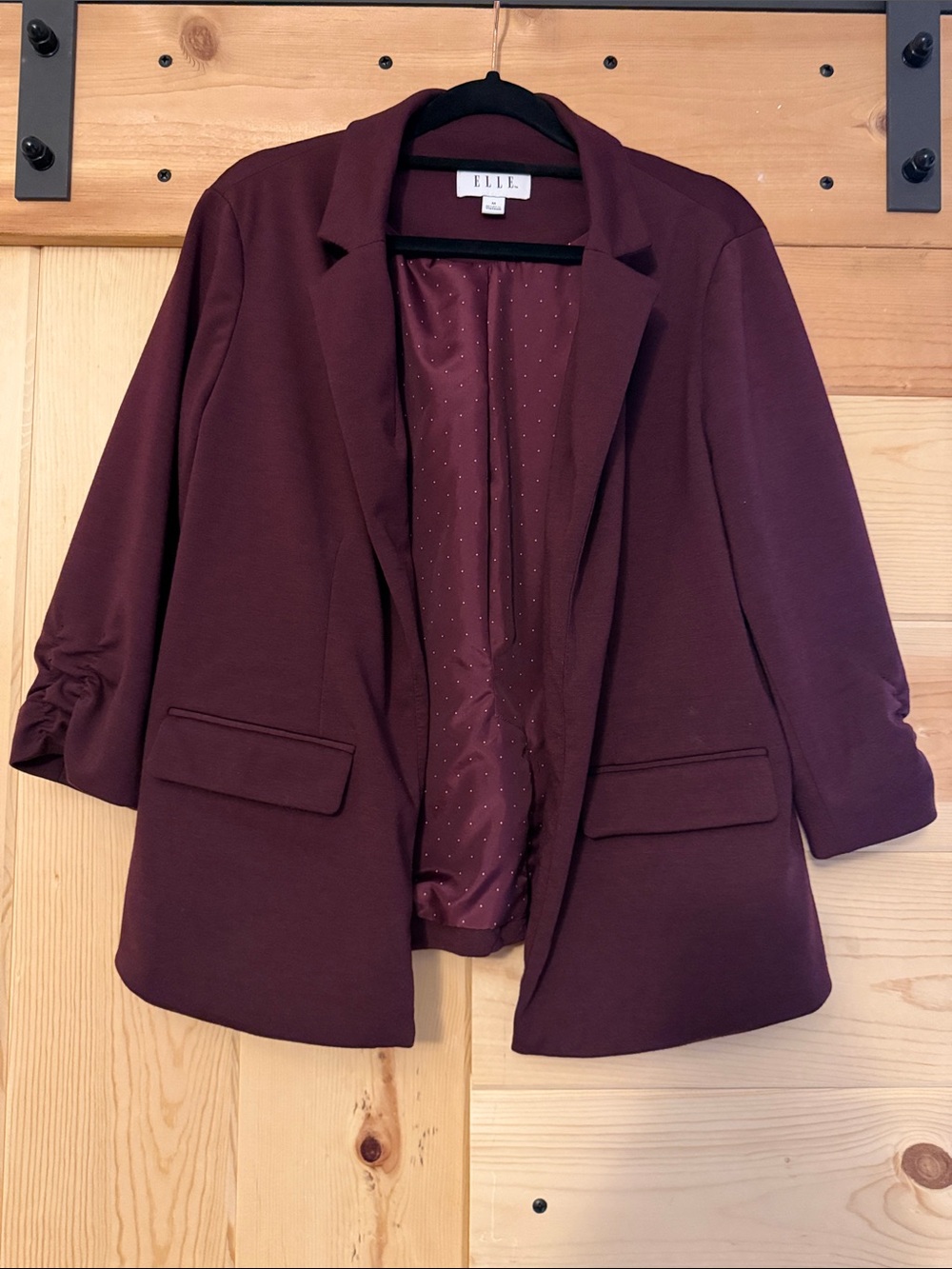 ELLE Burgundy Open-Front Blazer with Ruched 3/4 Sleeves